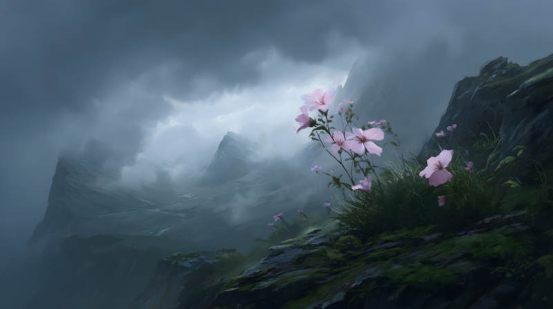 山間花開云霧繚繞-圖片