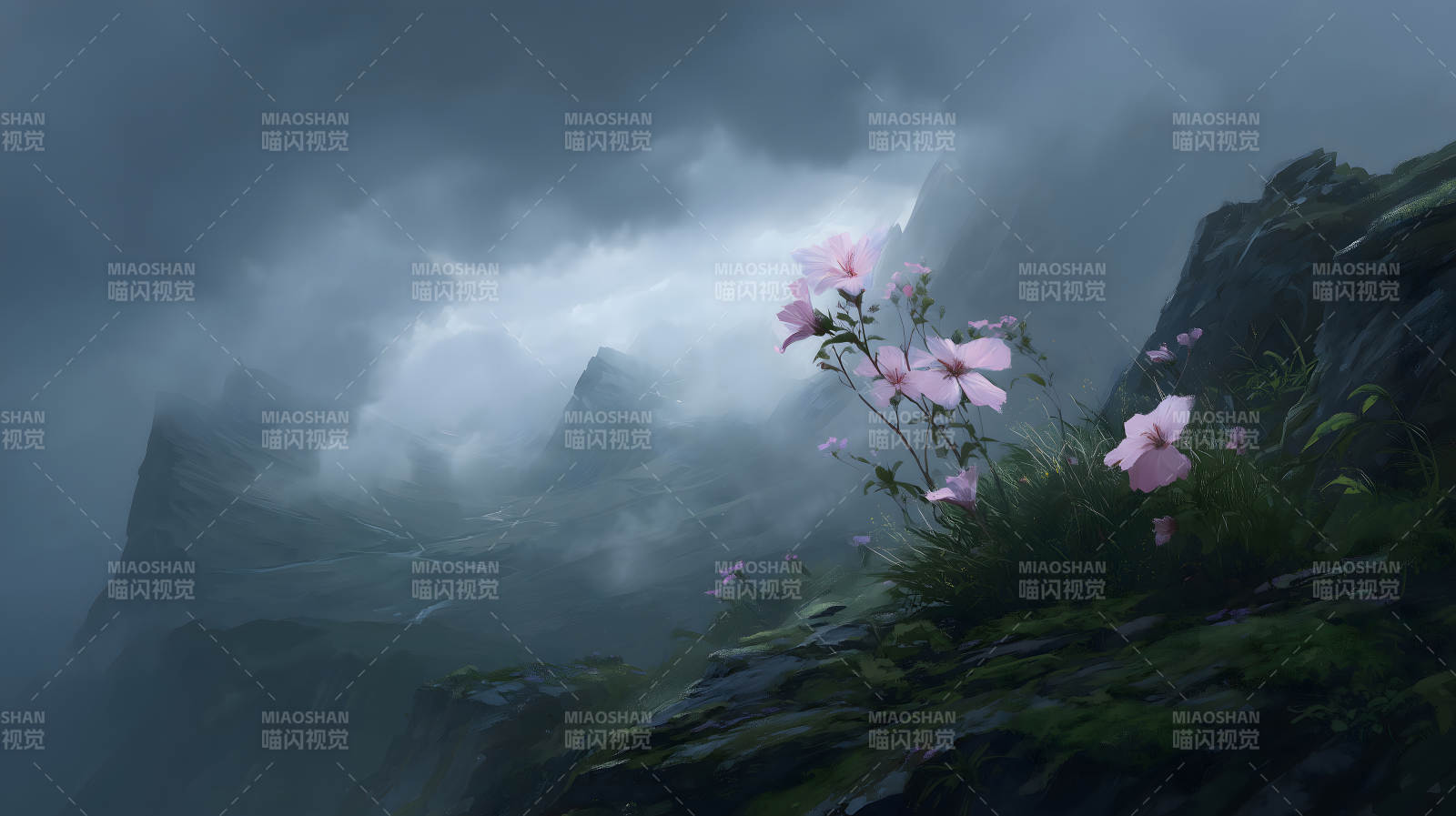 山间花开云雾缭绕-图片