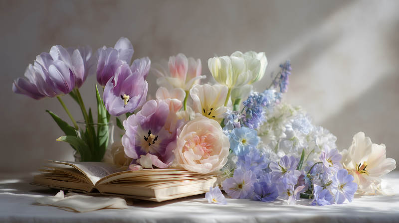 鲜花与书本的静物-图片