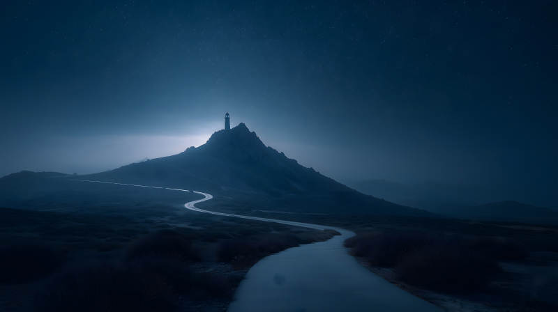 夜晚灯塔山路景色-图片