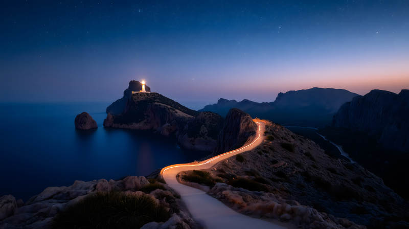 夜幕下灯塔与蜿蜒公路-图片