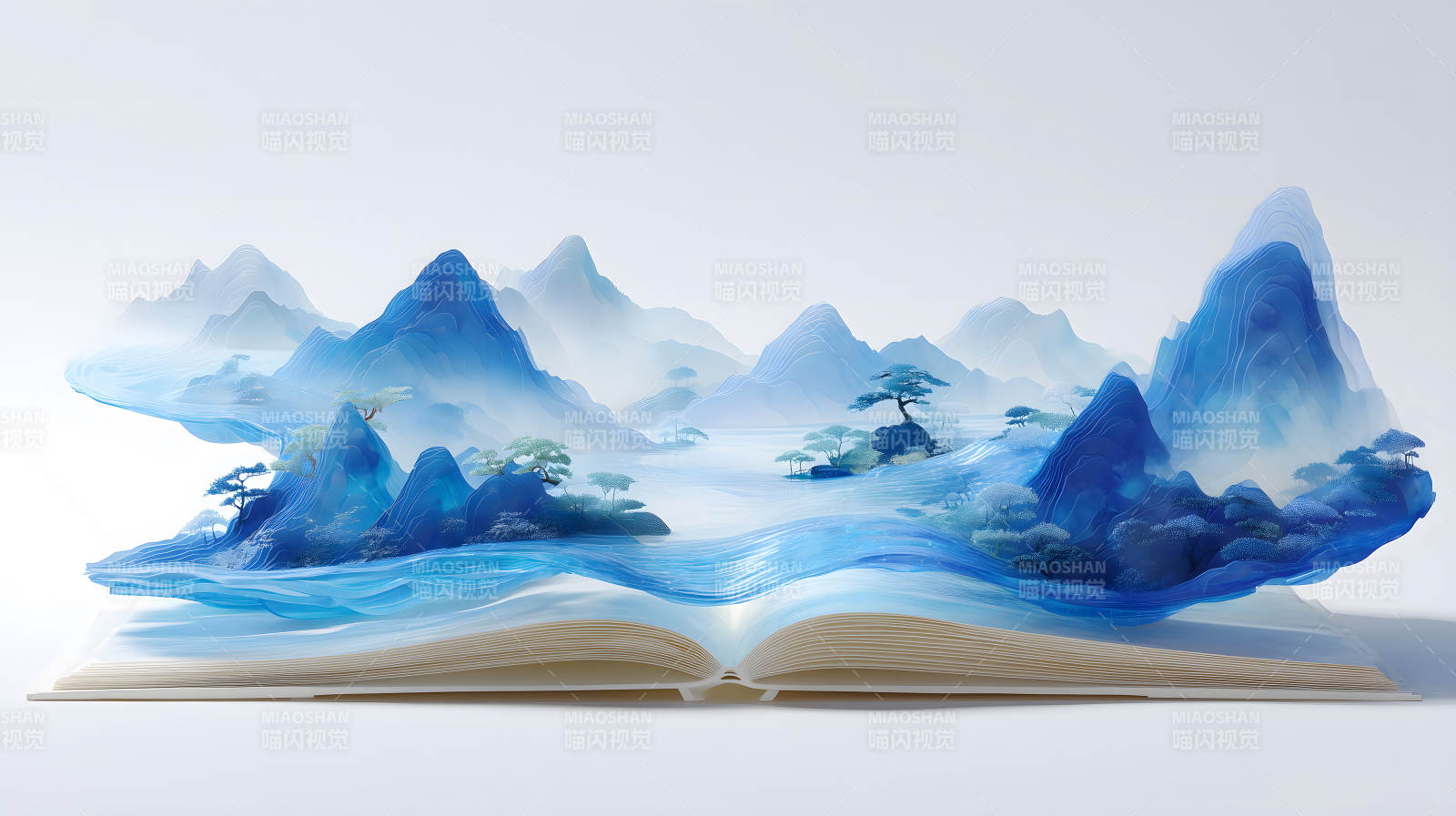 书本打开山水画卷-图片