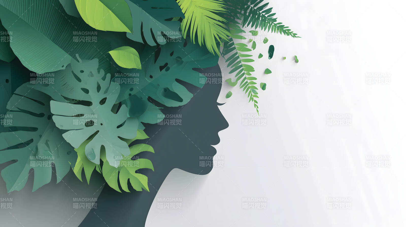 綠葉剪影女人頭像-圖片