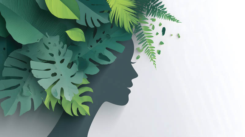 綠葉剪影女人頭像-圖片