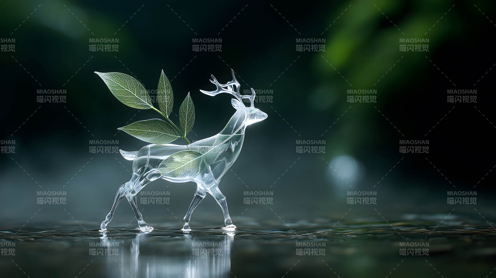 晶莹剔透的鹿与绿叶-图片