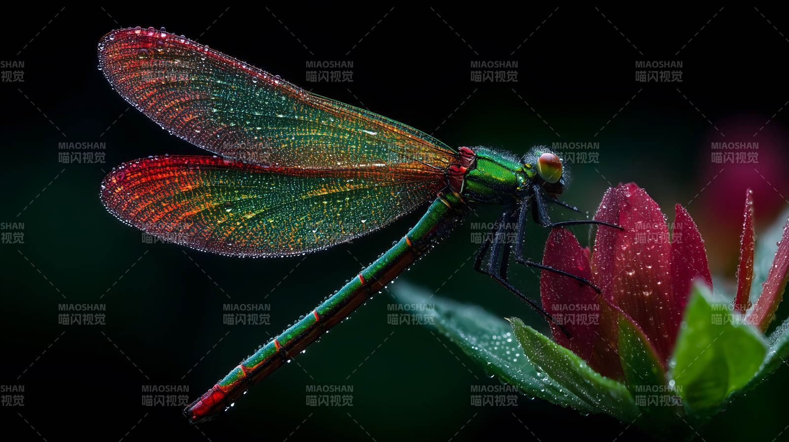 蜻蜓栖息花朵之上色彩绚丽-图片