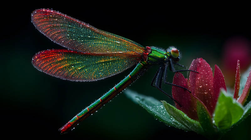 蜻蜓栖息花朵之上色彩绚丽-图片