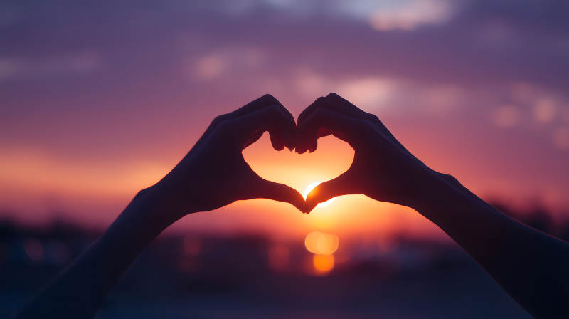 手影爱心夕阳剪影-图片