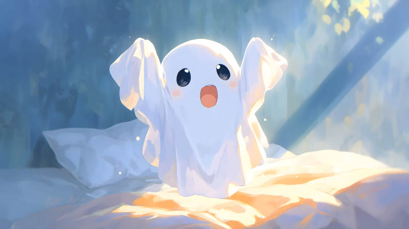 可爱小幽灵床铺玩耍-图片