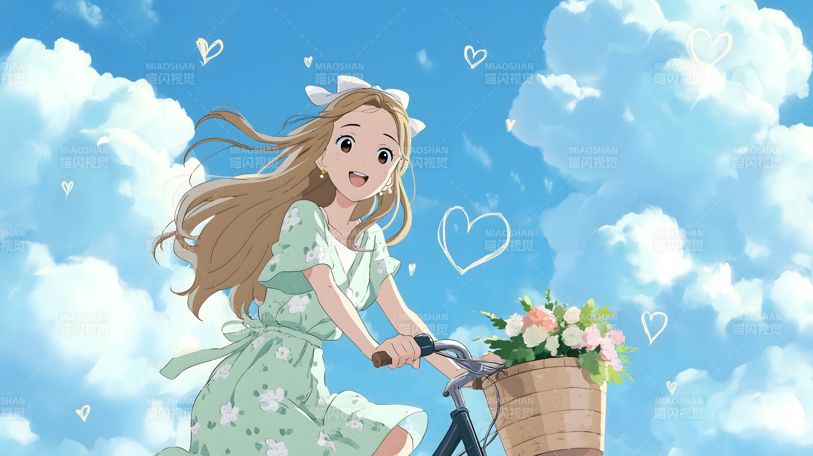 少女骑车赏花蓝天-图片