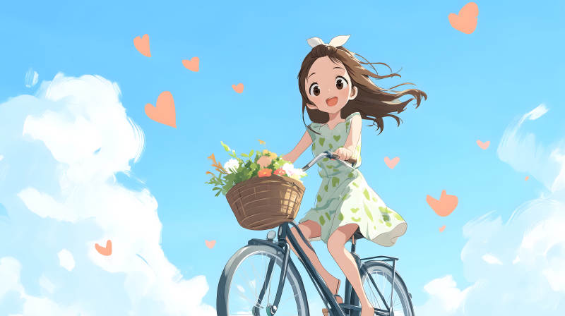 女孩骑车送花天空-图片