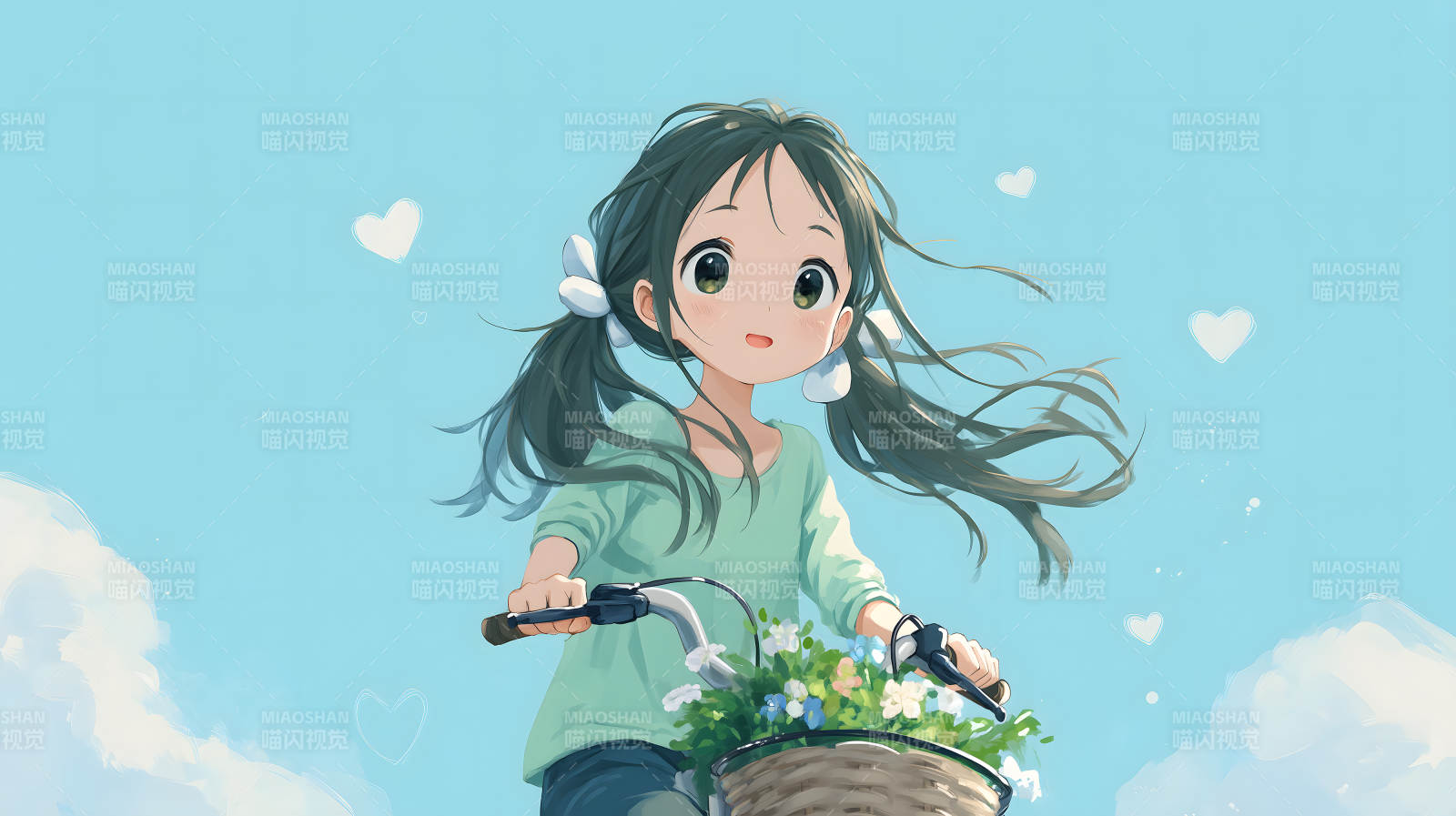 骑车女孩晴空万里-图片