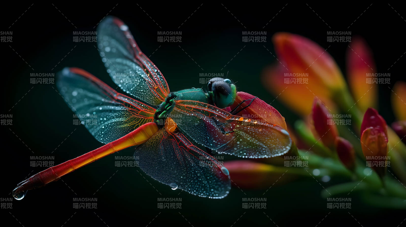 蜻蜓棲息花朵之上晶瑩剔透-圖片