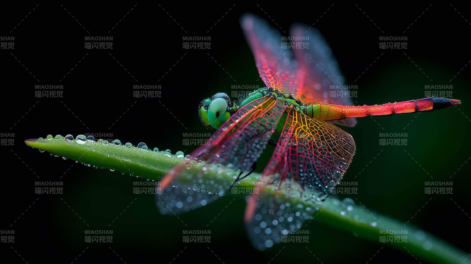 蜻蜓停在绿叶上-图片