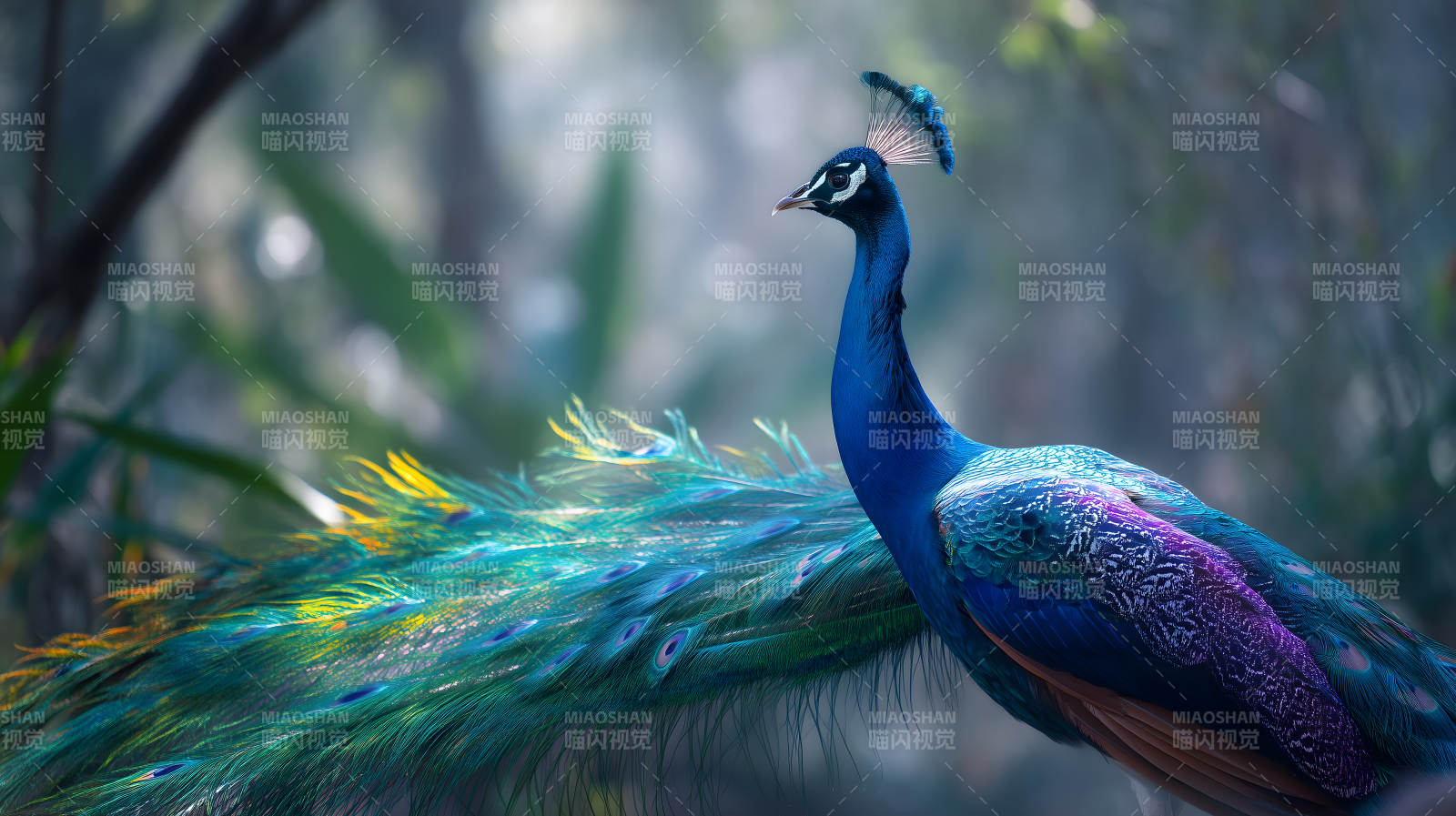 华丽孔雀伫立林中-图片