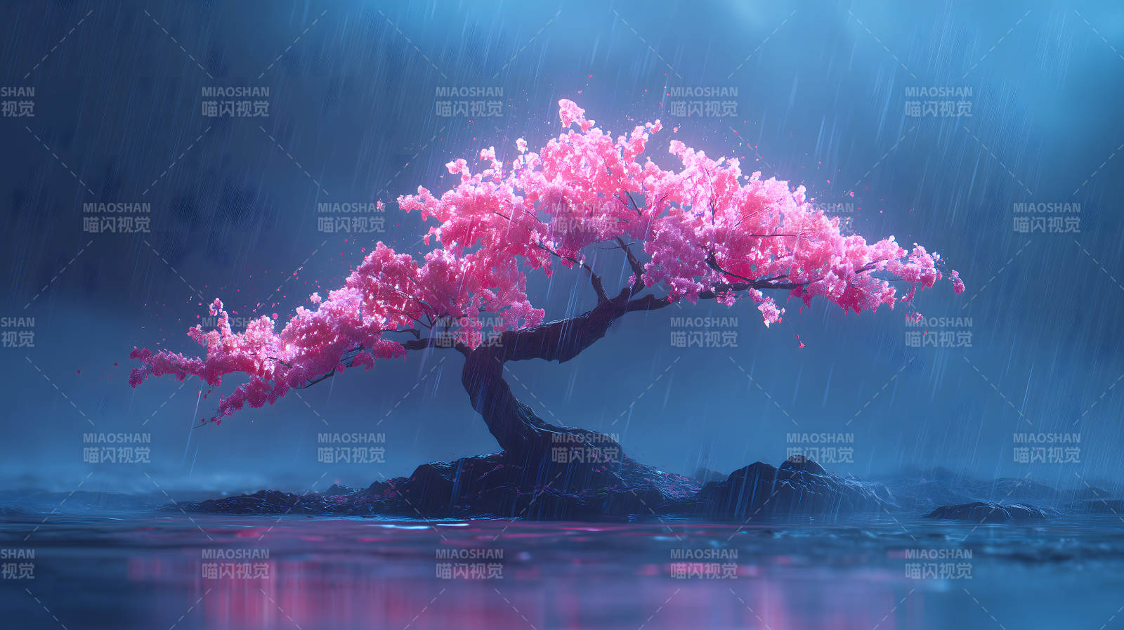 粉色樱花树下雨天-图片