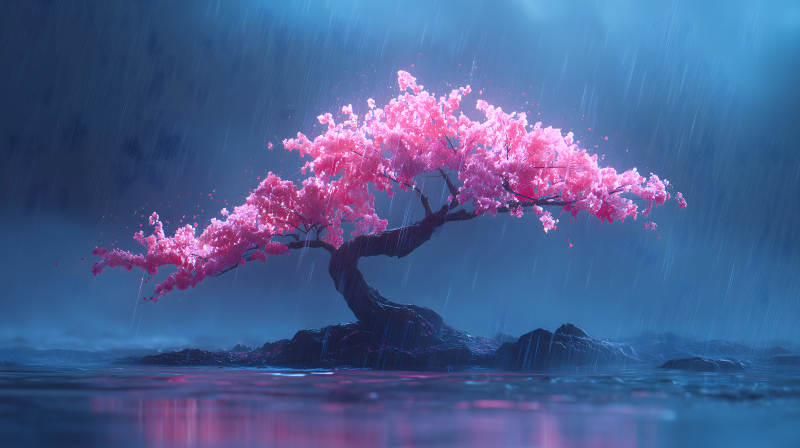 粉色樱花树下雨天-图片