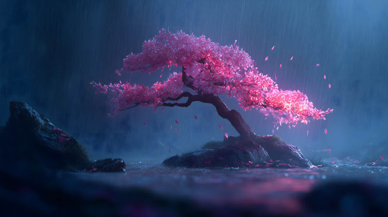 粉色樱花树雨中盛开-图片