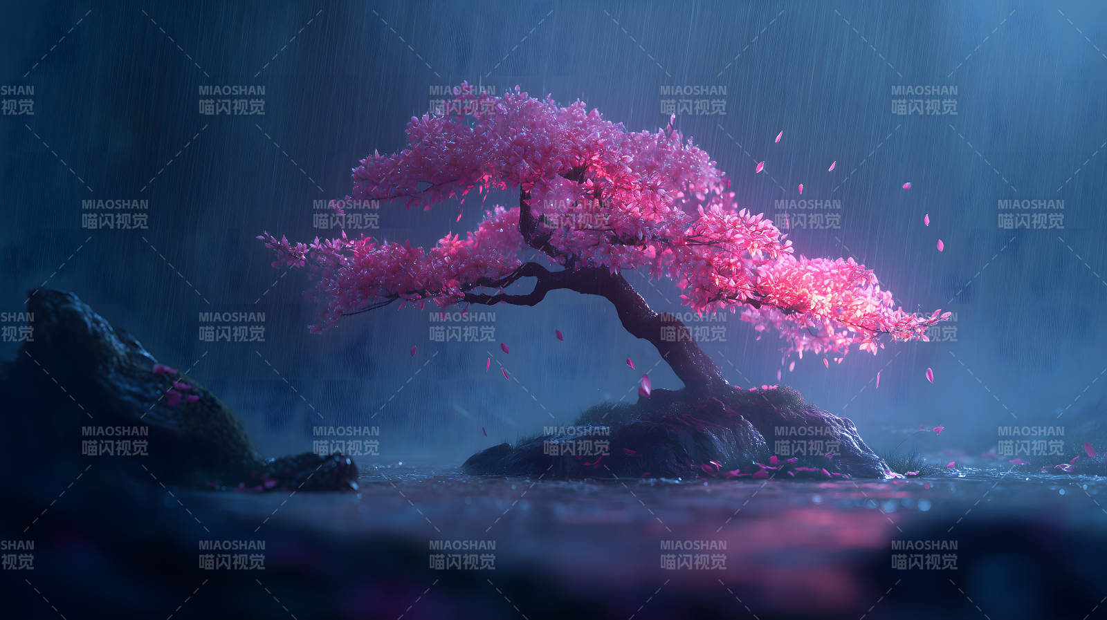 粉色櫻花樹雨中盛開-圖片