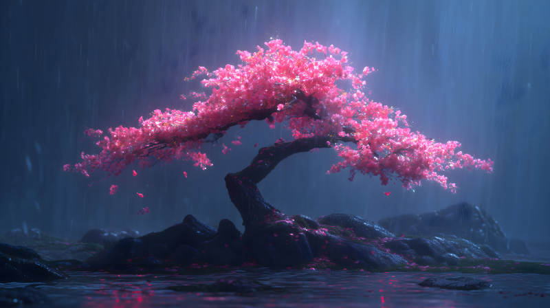 粉色樱花树雨景-图片