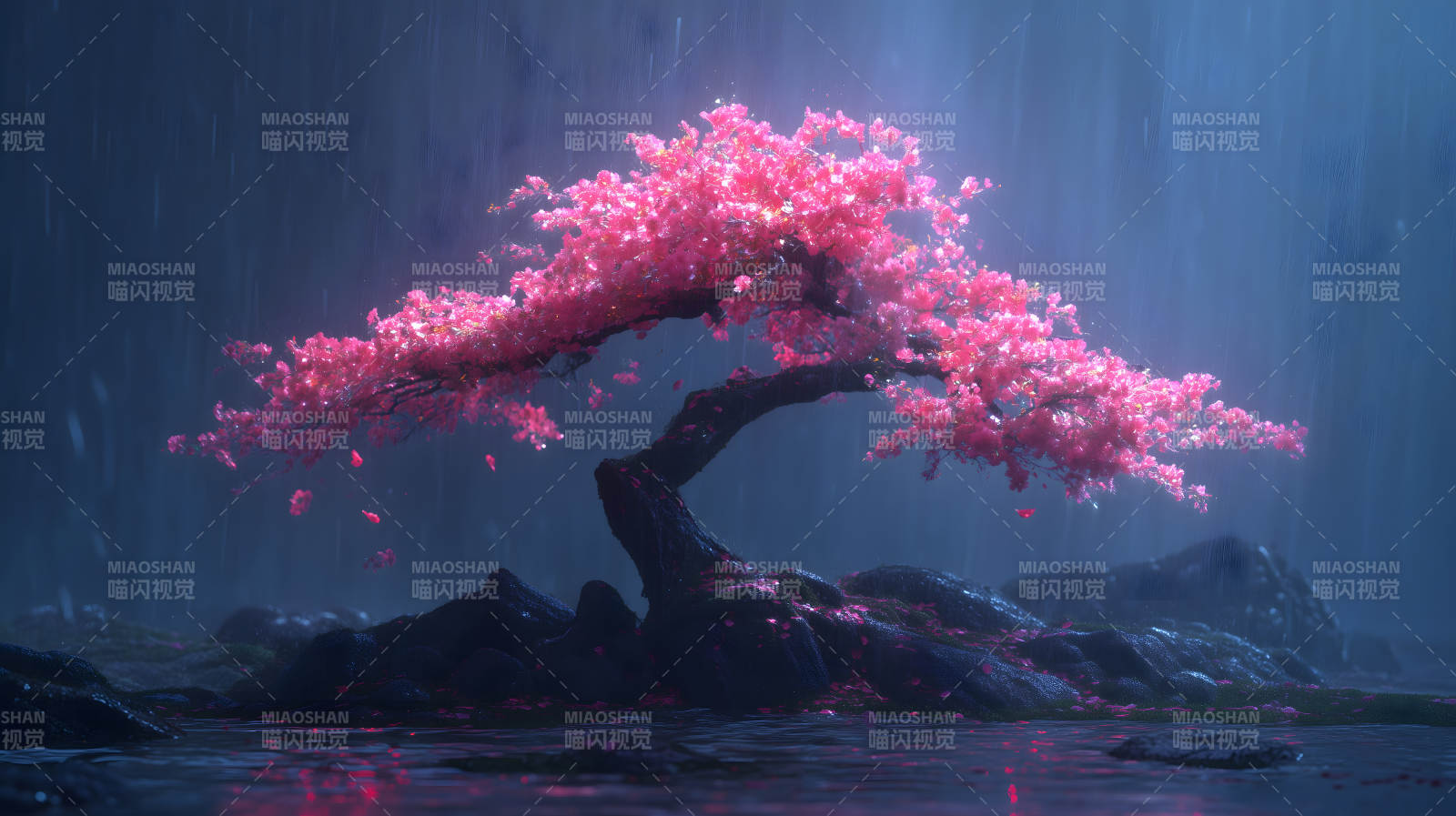 粉色樱花树雨景-图片