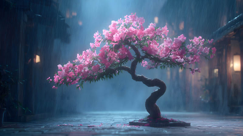 雨中樱花树盛开-图片