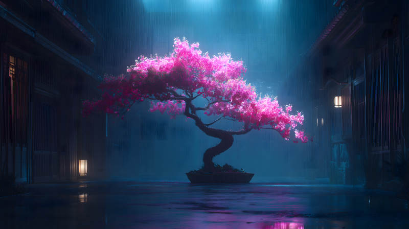 夜雨樱花盆栽美景-图片