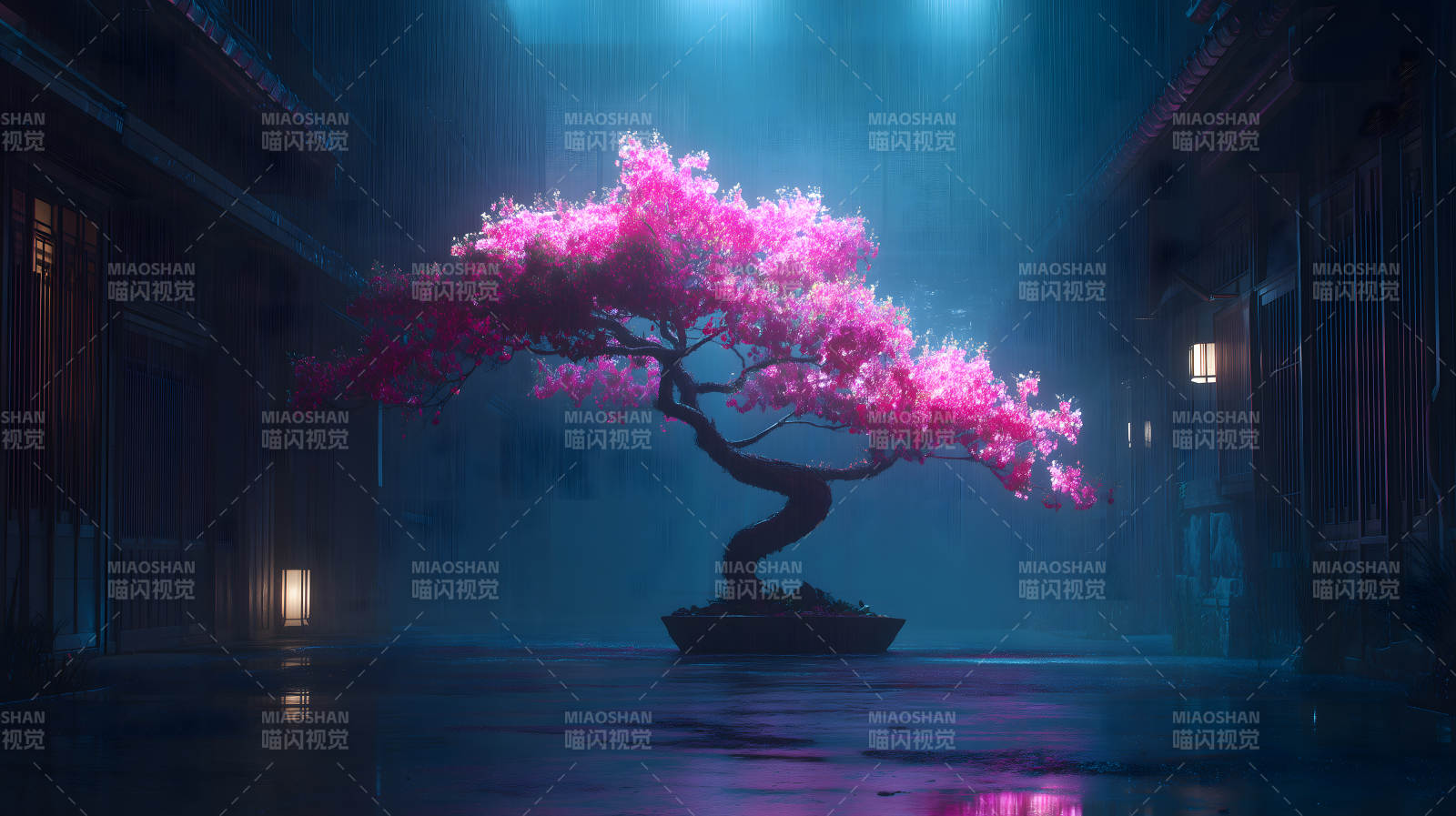 夜雨樱花盆栽美景-图片