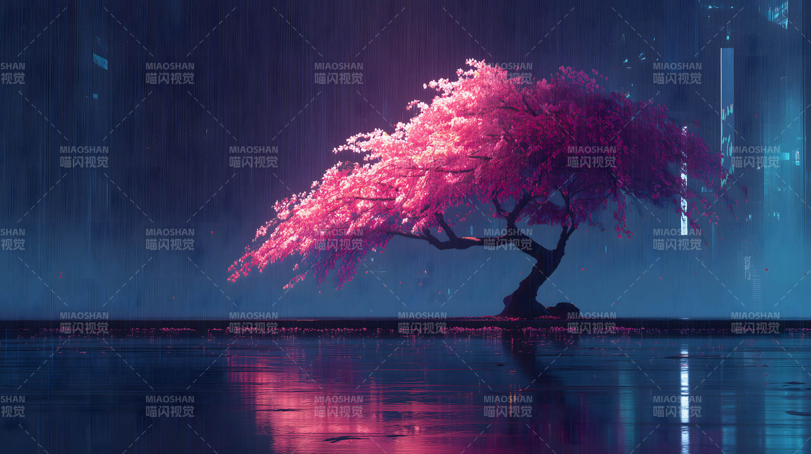 粉色櫻花樹下的雨景-圖片