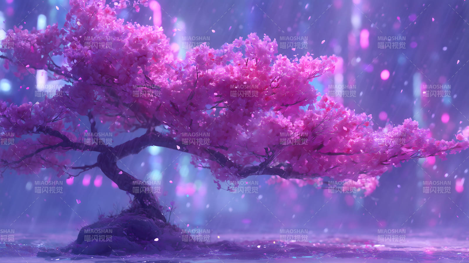 粉色樱花树在雨中-图片