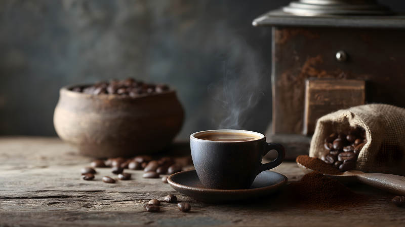 熱咖啡和咖啡豆-圖片