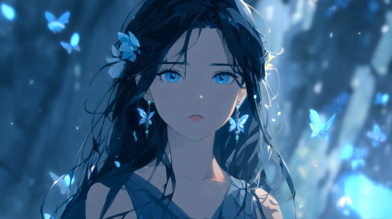 蓝瞳少女与蝶-图片