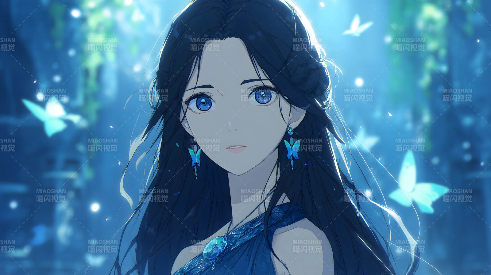 蓝发少女蝴蝶饰品-图片