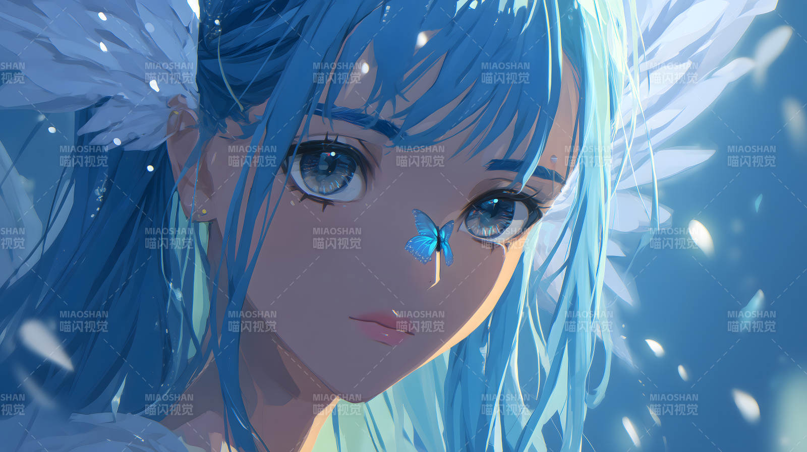 蓝发少女与蝴蝶图片