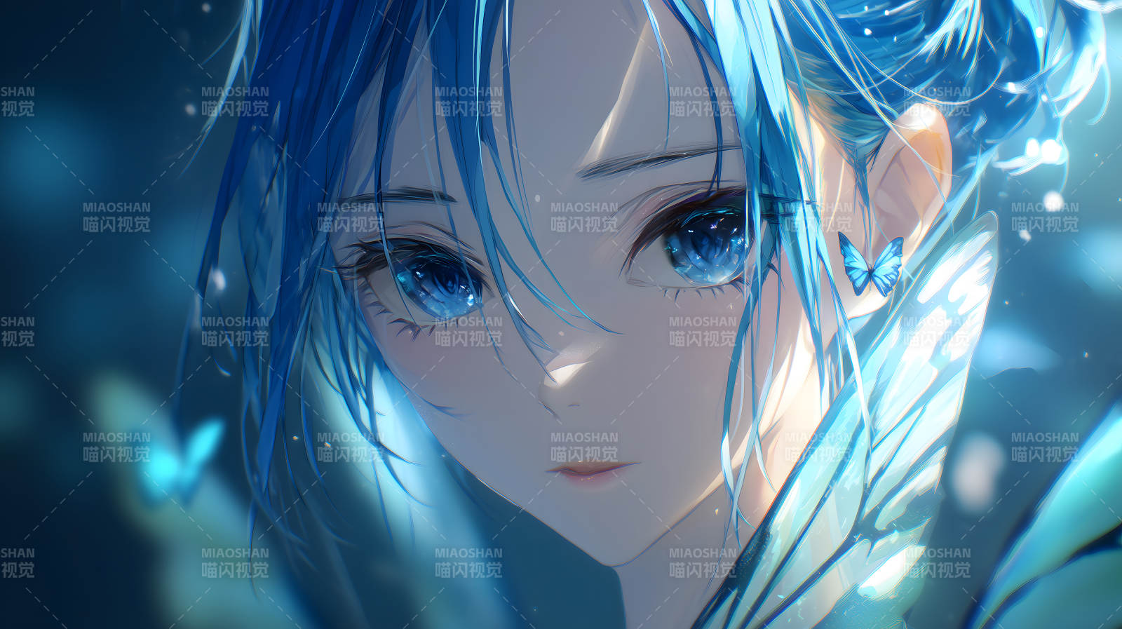 藍色動漫少女特寫-圖片