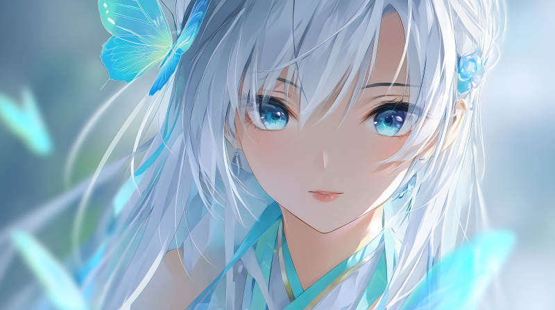 冰蓝少女蝴蝶萦绕-图片