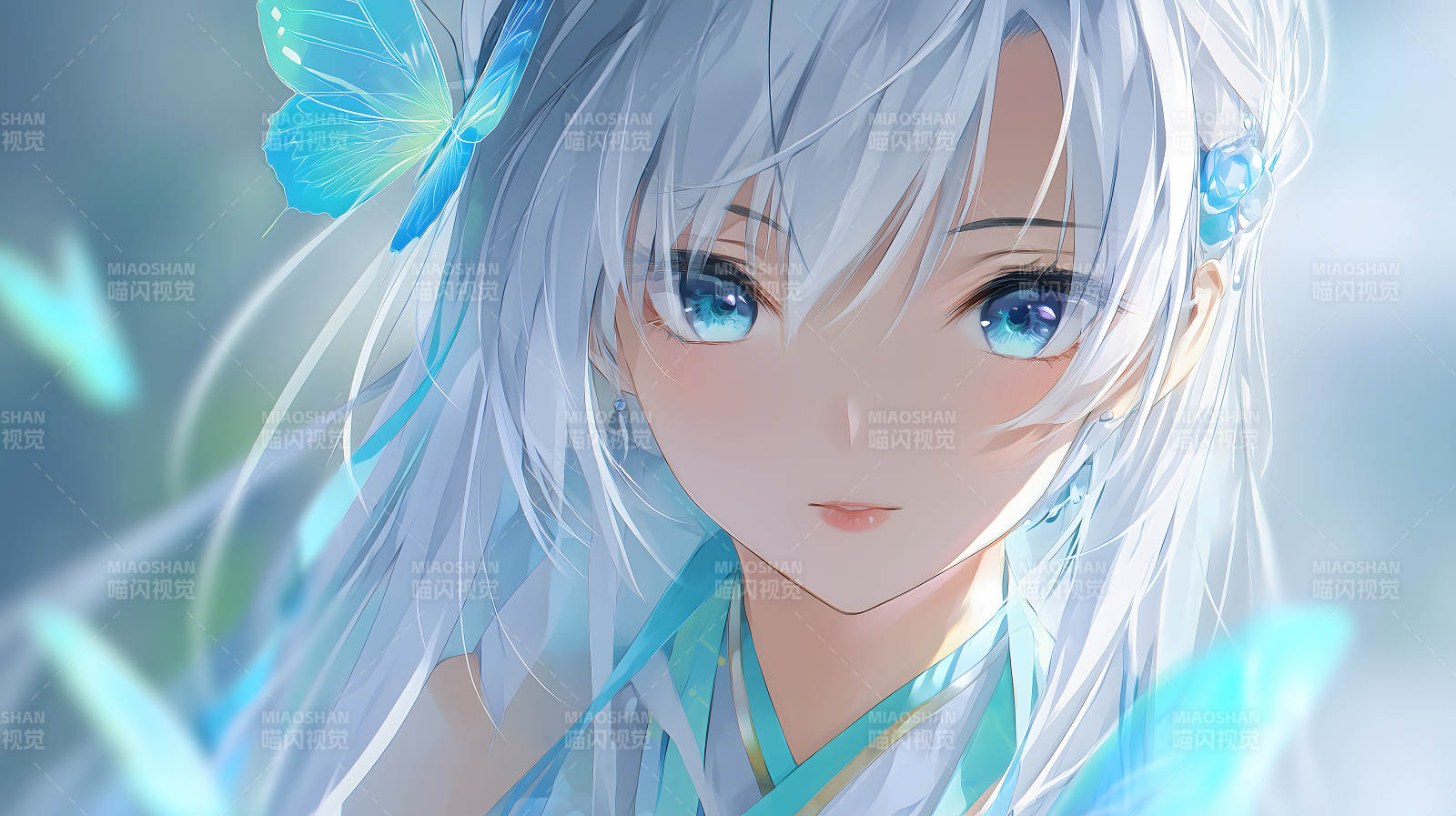 冰蓝少女蝴蝶萦绕-图片