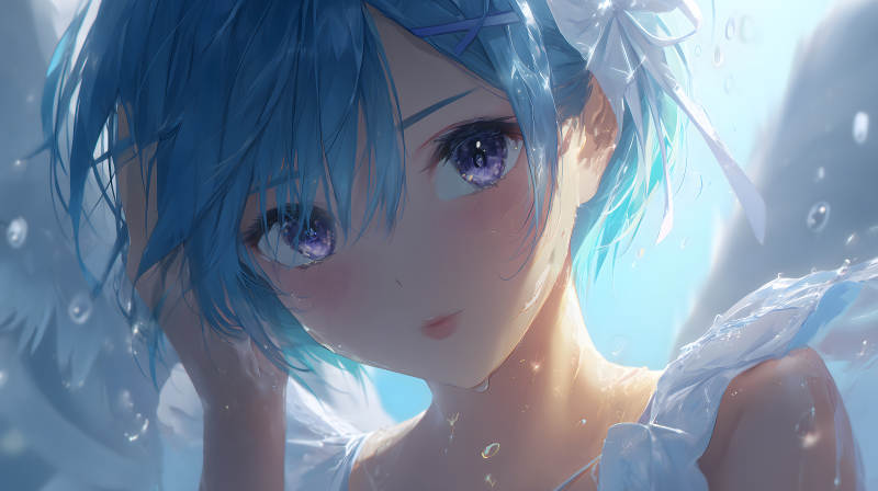 蓝发少女水中凝视-图片