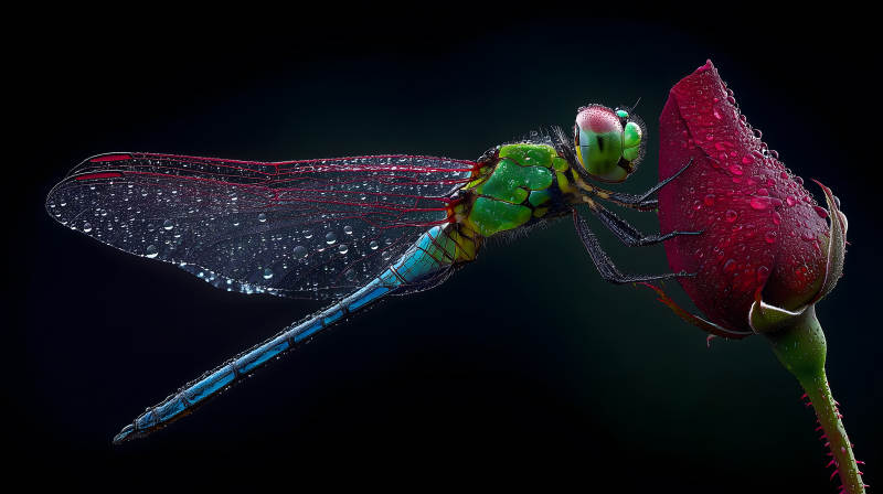 蜻蜓依偎玫瑰花朵-图片