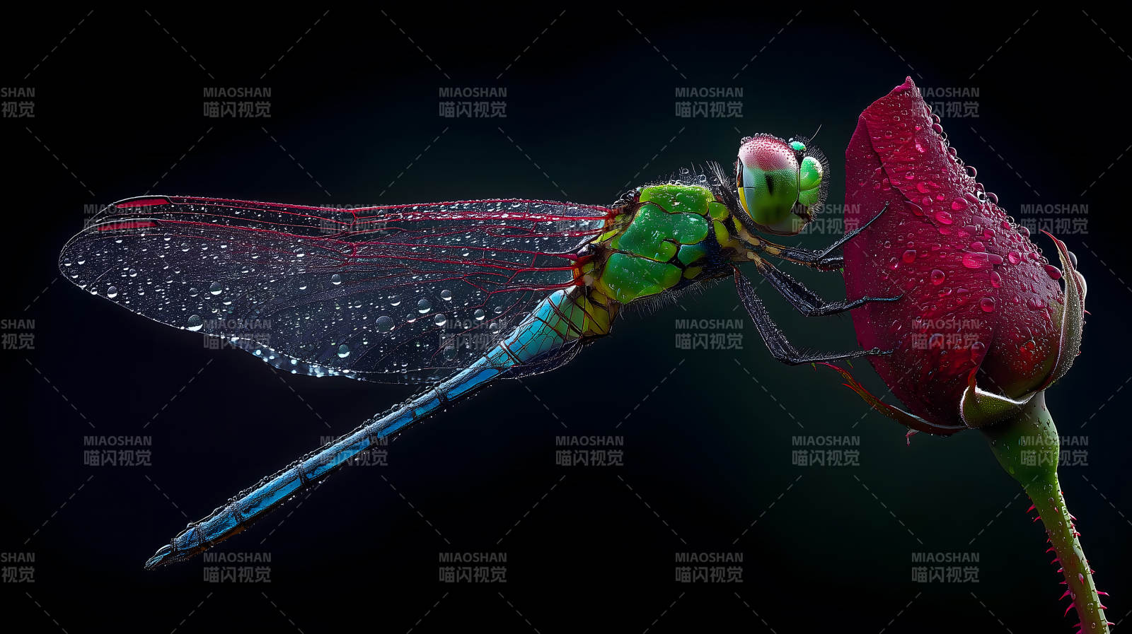 蜻蜓依偎玫瑰花朵-图片