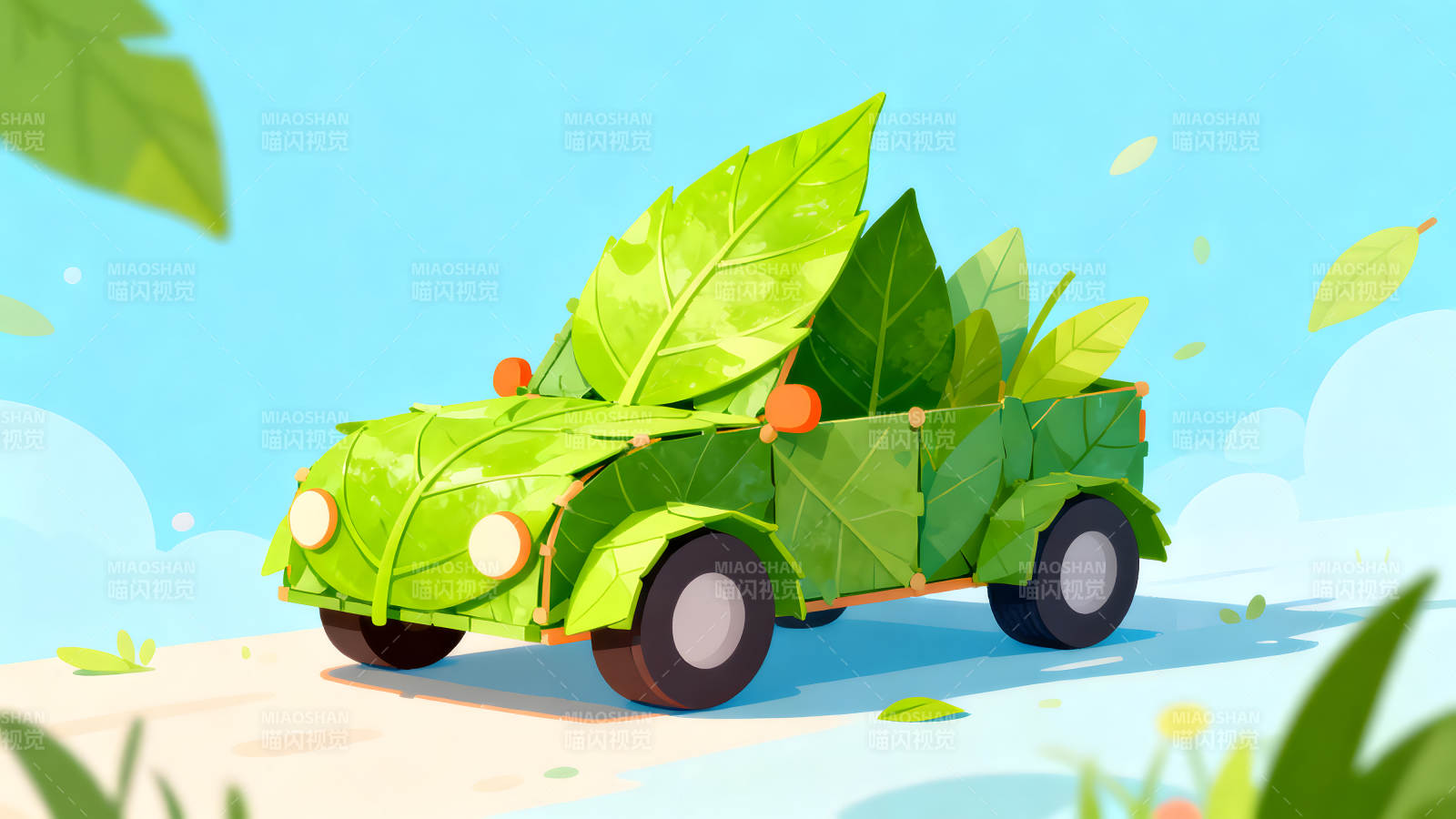 环保叶子车在路上行驶-图片