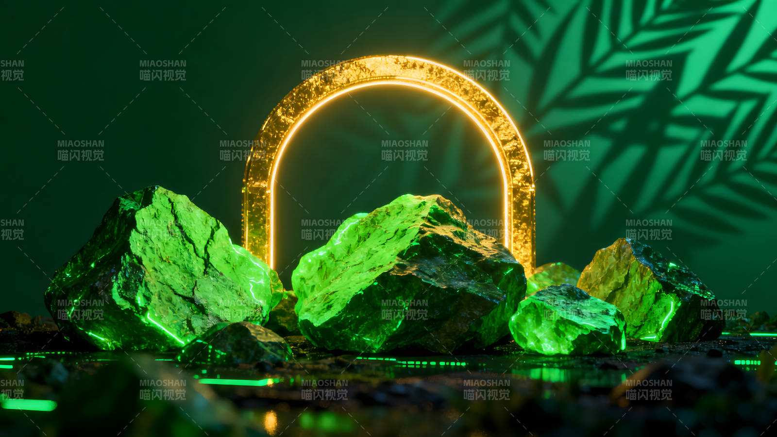 发光石头与金色拱门构成的艺术场景-图片