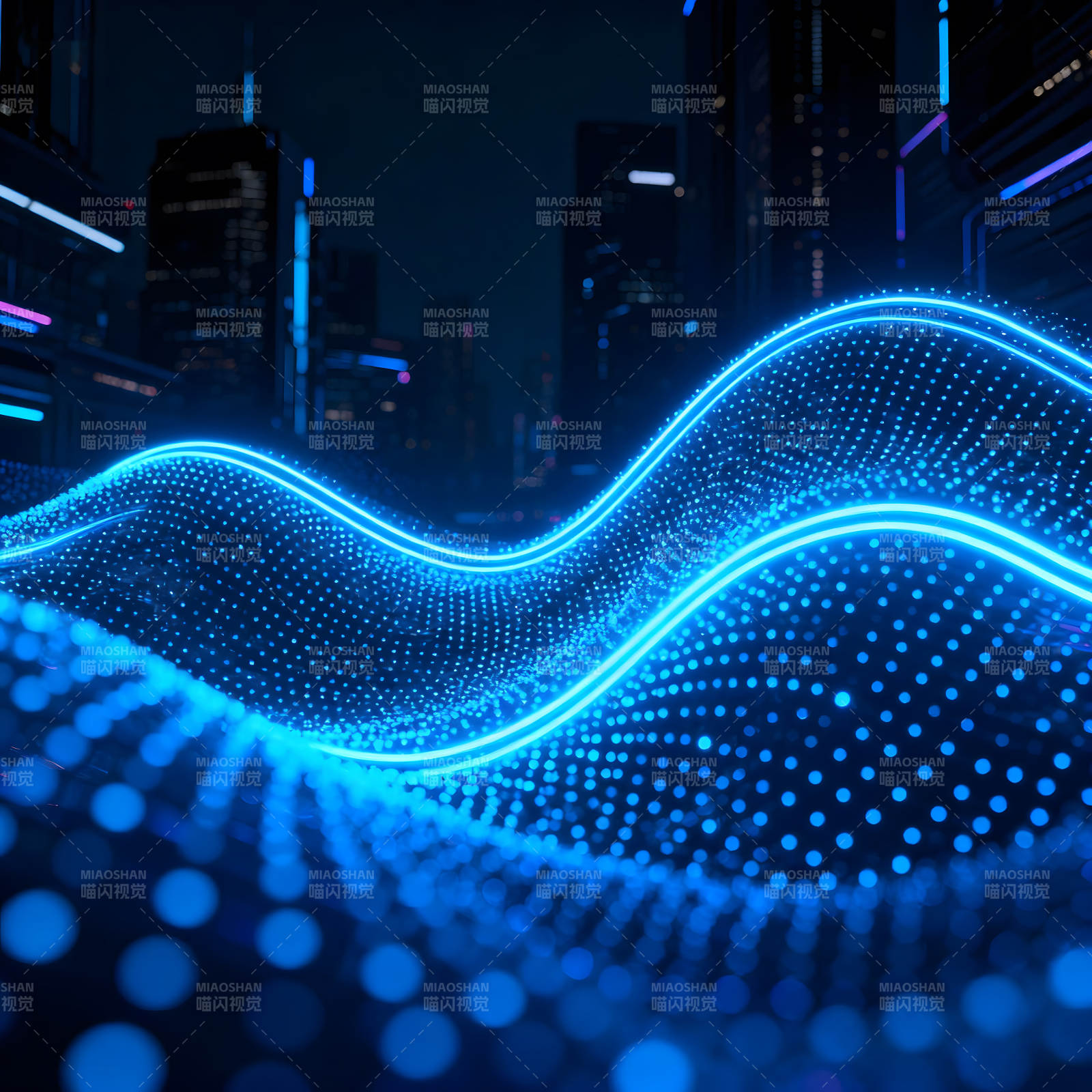 赛博朋克城市蓝色光波-图片