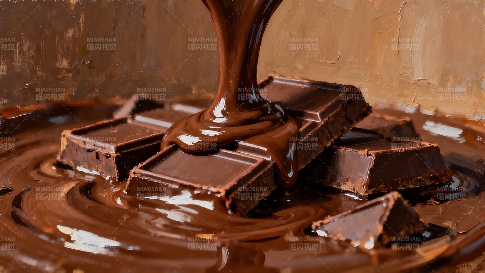 巧克力傾瀉在巧克力塊上誘人畫面-圖片
