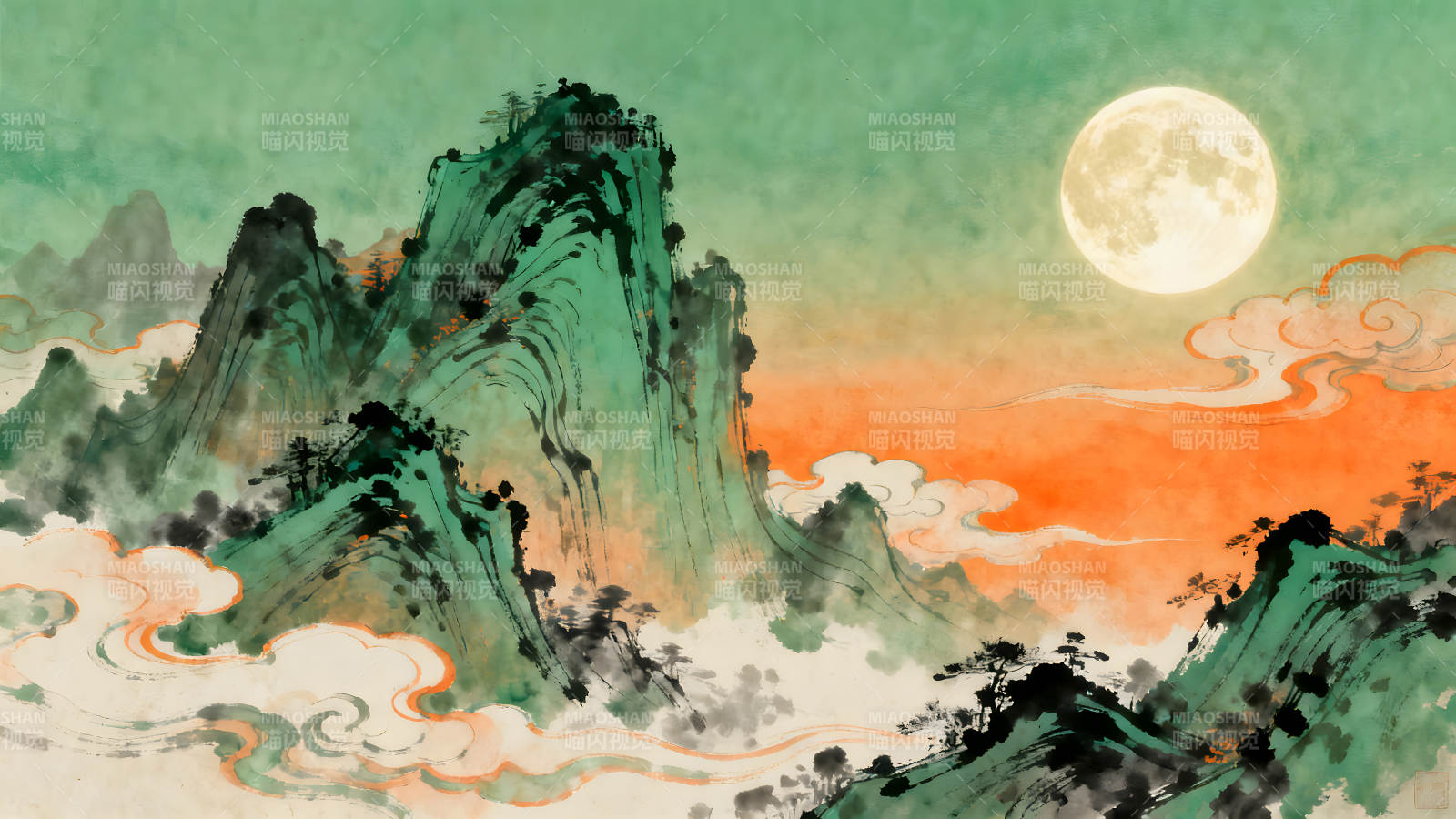 山水画映月光云雾缭绕景色优美-图片