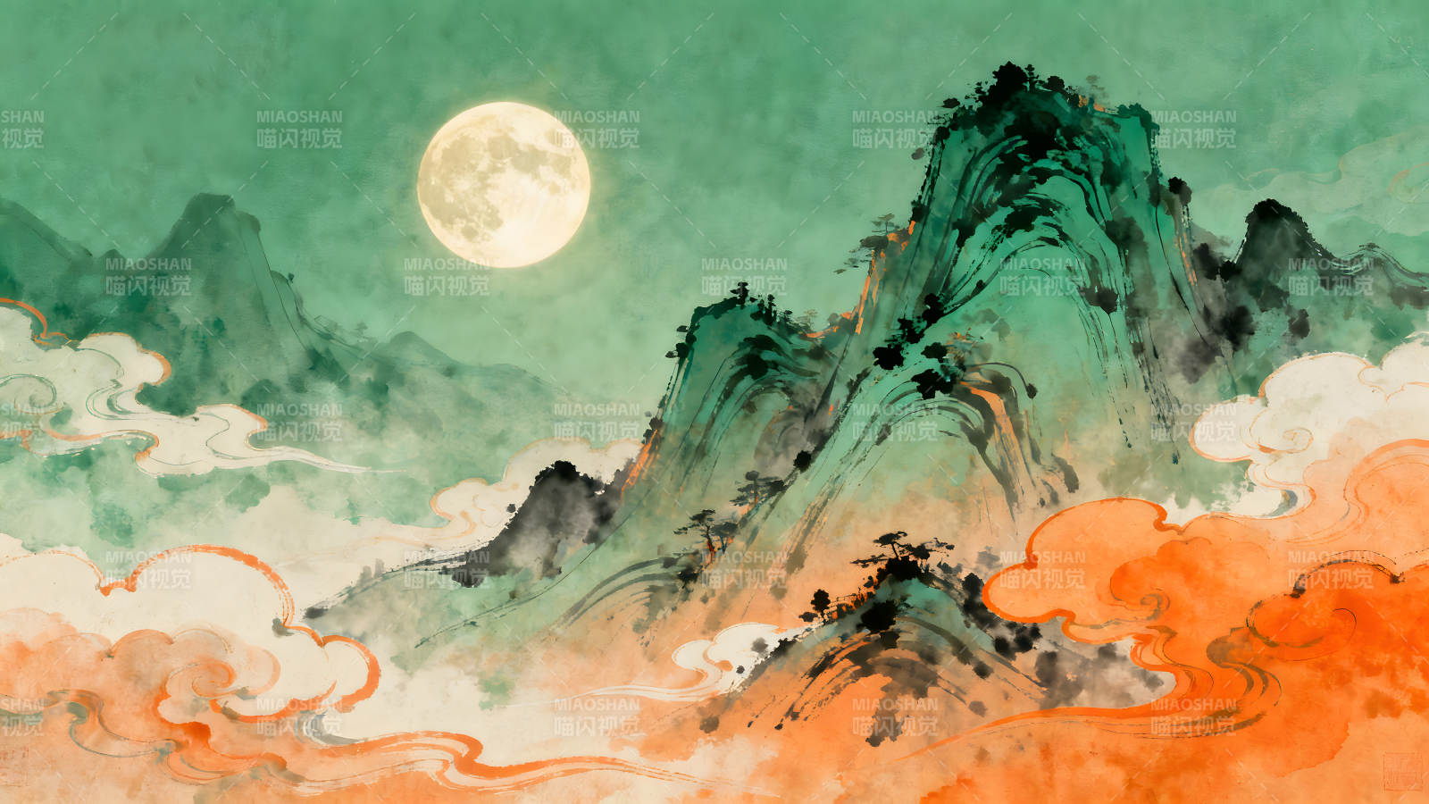 中国风水墨山水画月夜-图片