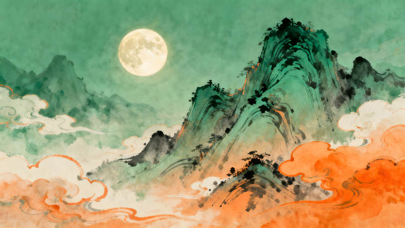 中国风水墨山水画月夜-图片
