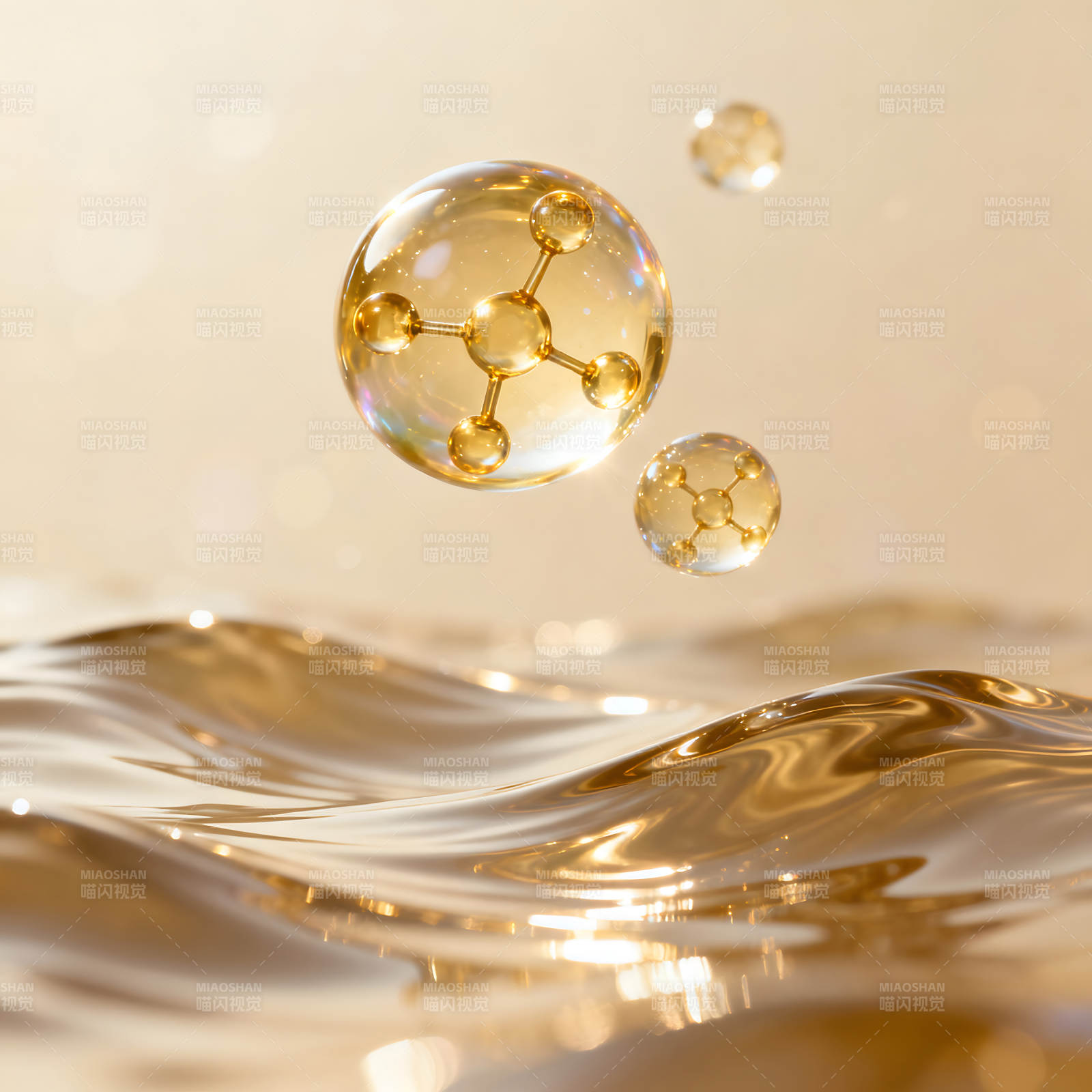 分子与水面金色液体漂浮特写-图片