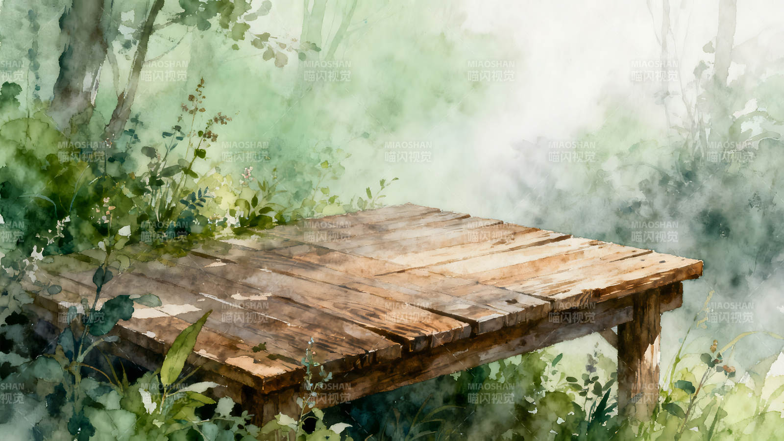 木桌置于绿植之中水彩画风格-图片