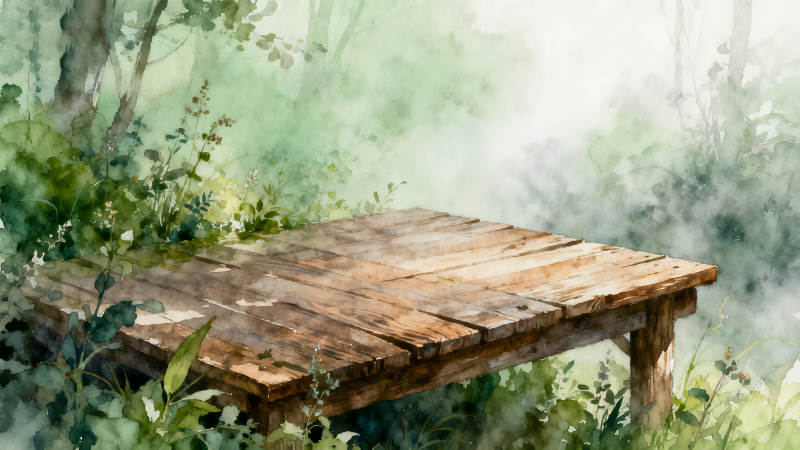木桌置于绿植之中水彩画风格-图片